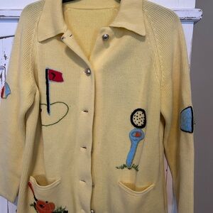 Yellow Golf-Themed Cardigan Sweater